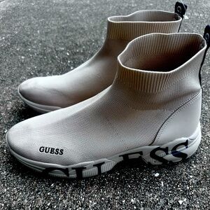 GUESS unisex 11 Stretchy Knit Sock Sneakers High-Top Booties Tan Logo Spellout